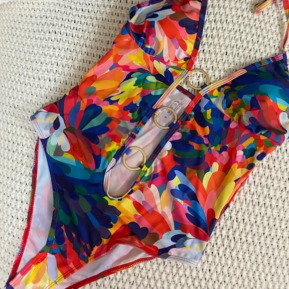 Shein multicolored deep V halter one piece swimsuit size small New in bag - Picture 1 of 8